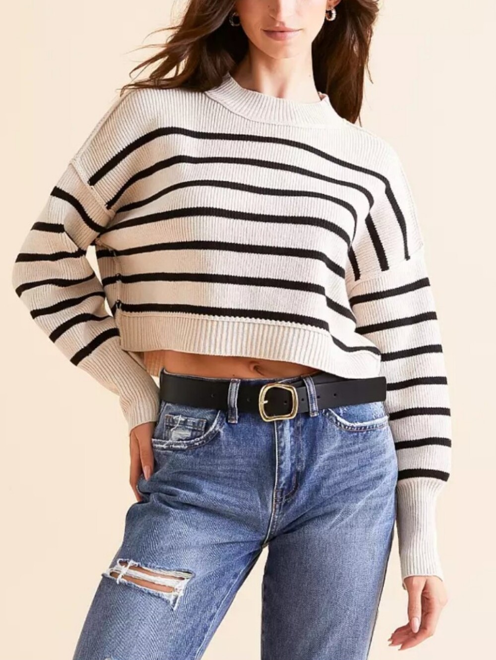 Free People Striped Cream & Black Cropped Sweater